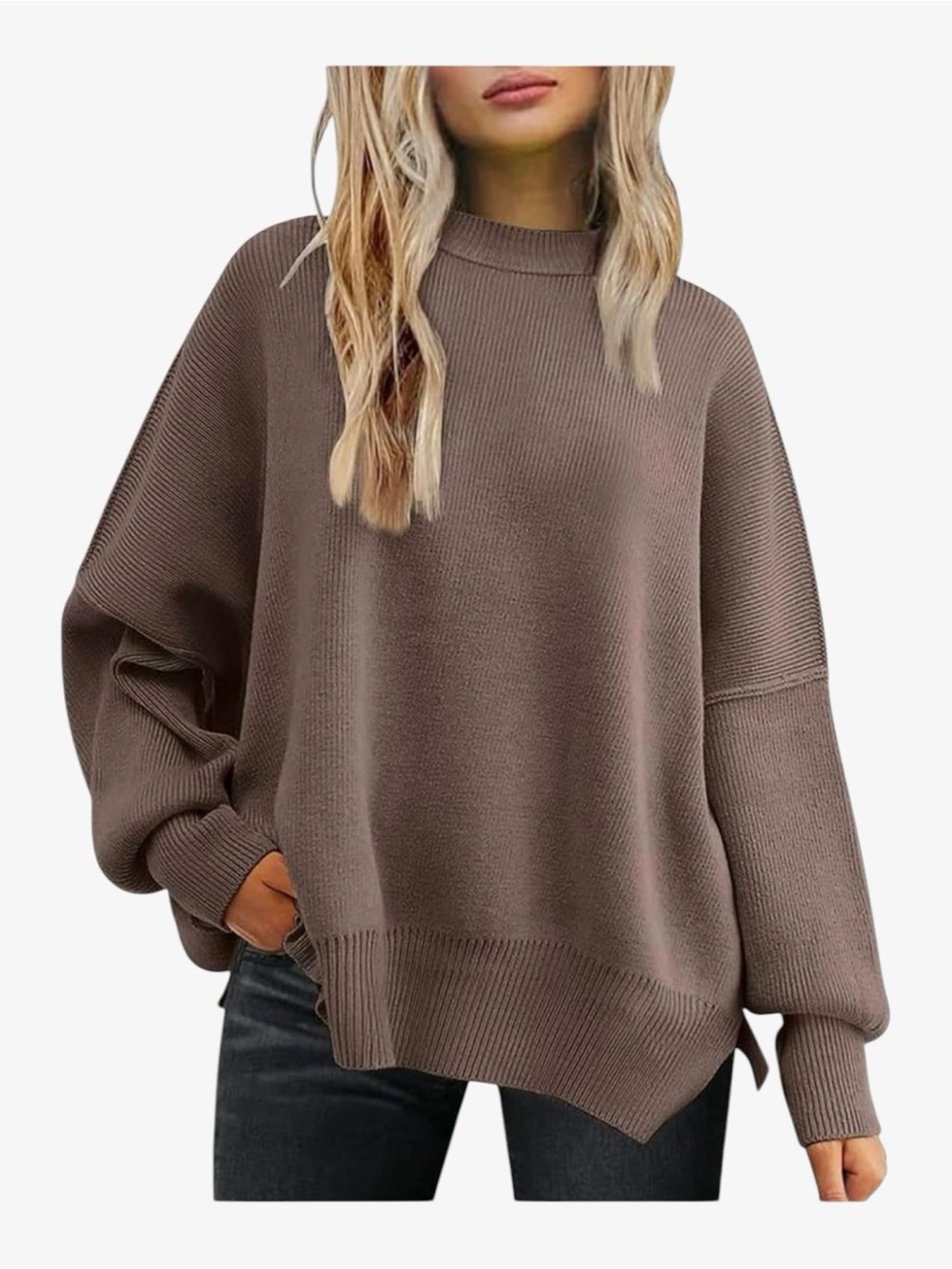 Oversized Ribbed Knit Crewneck Sweater Dusty Mauve Brown XS